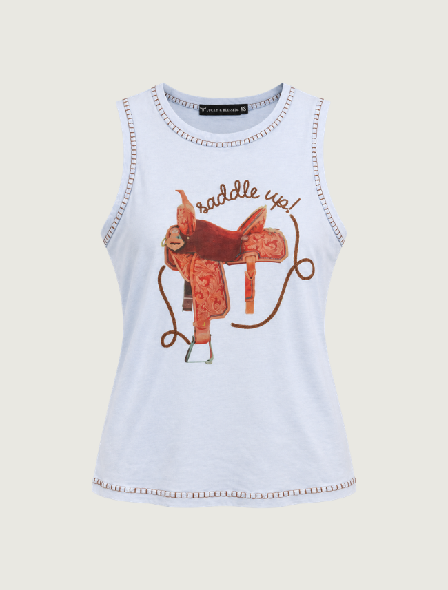 Lucky & Blessed Women's Light Blue Saddle Up Graphic Tank Top