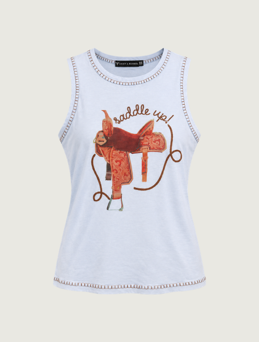 Lucky & Blessed Women's Light Blue Saddle Up Graphic Tank Top