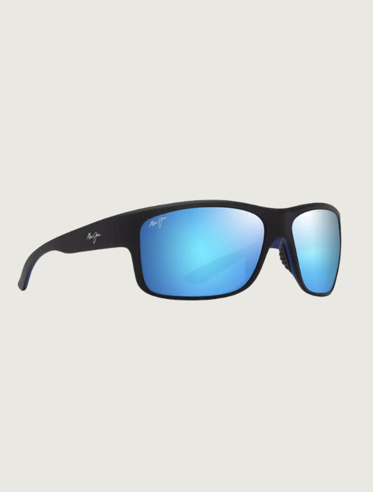 Maui Jim Southern Cross wrap sunglasses in Matte Black & Blue / Blue Hawaii — quarter view