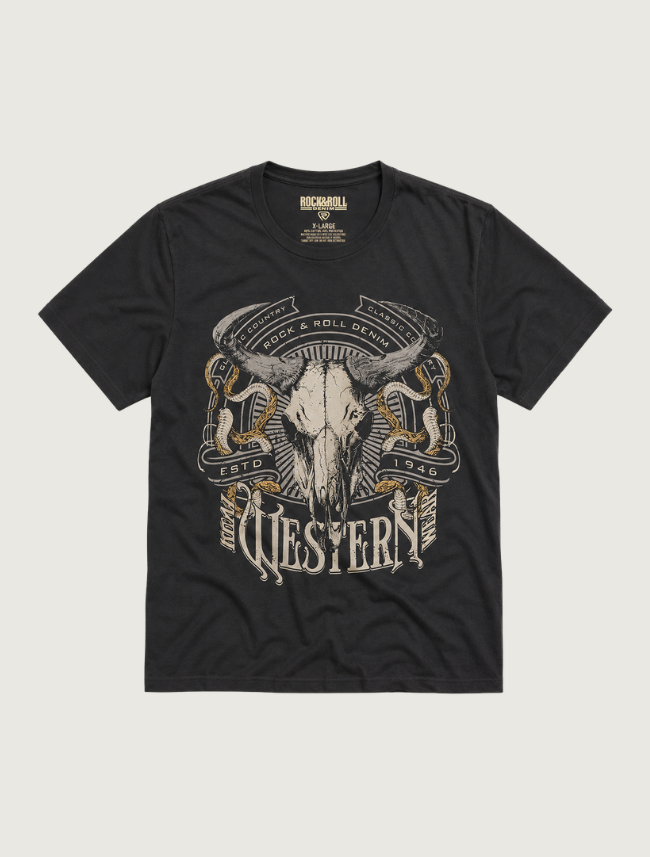 Rock & Roll Denim washed-black unisex tee, front view, with a cream and gold steer-skull Western graphic