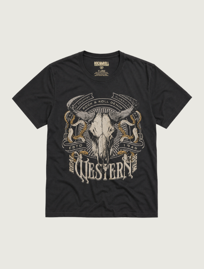 Rock & Roll Denim washed-black unisex tee, front view, with a cream and gold steer-skull Western graphic