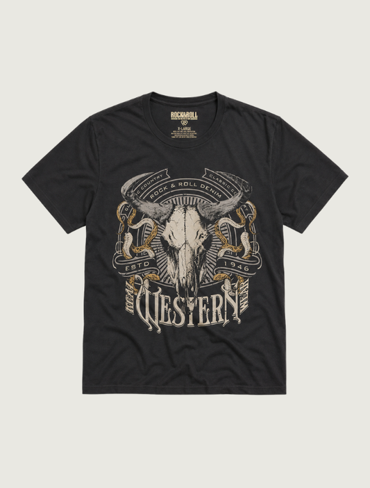 Rock & Roll Denim washed-black unisex tee, front view, with a cream and gold steer-skull Western graphic