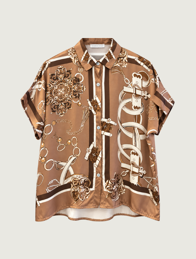Look Mode Women's Camel Satin Chain Print Shirt
