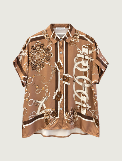 Look Mode Women's Camel Satin Chain Print Shirt
