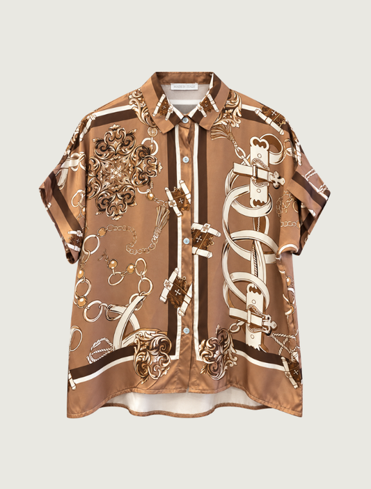 Look Mode Women's Camel Satin Chain Print Shirt