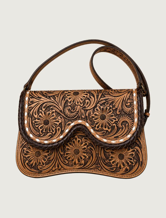 Mavericks Brown Tooled Leather Saddle Bag with Braided Trim
