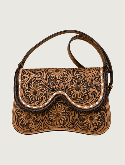Mavericks Brown Tooled Leather Saddle Bag with Braided Trim