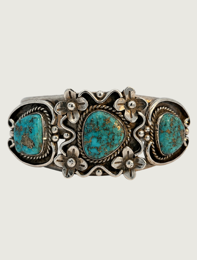 "TC" Sterling Silver Flowers & Turquoise Cuff Bracelet