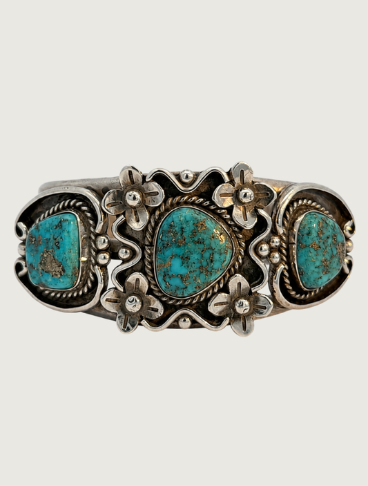 "TC" Sterling Silver Flowers & Turquoise Cuff Bracelet