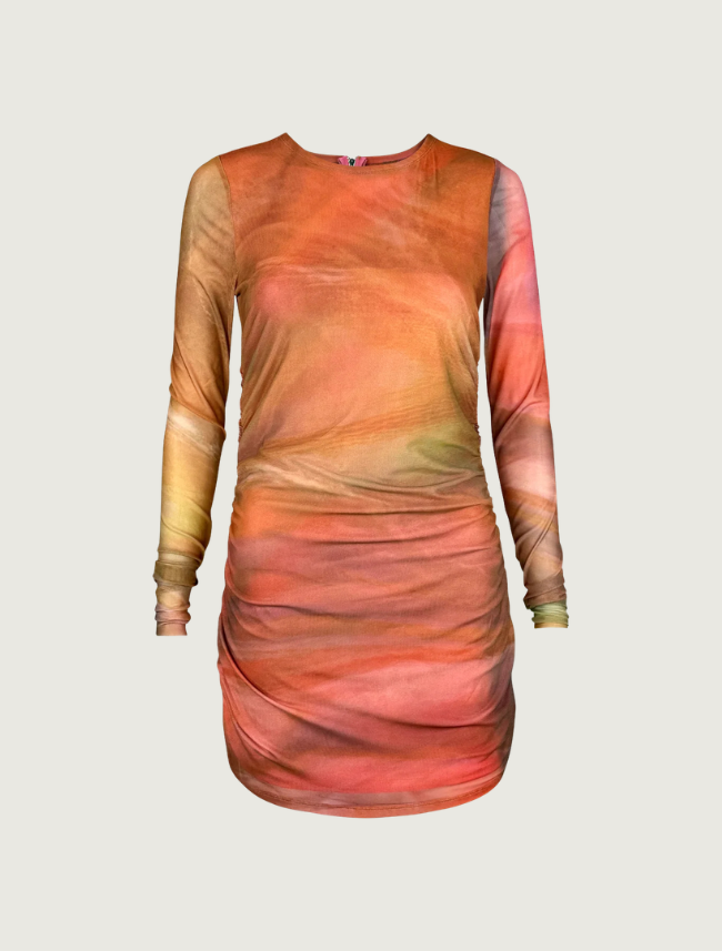 Alana Kay Art Ruched Mesh Mini Dress in Desert Sun