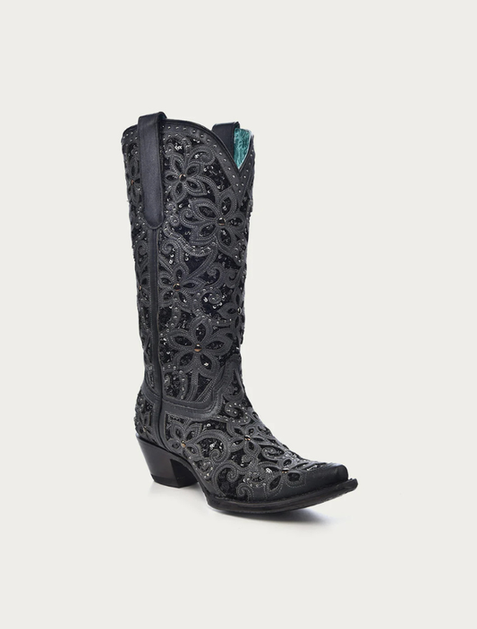 Corral Women's Black Glitter Floral Inlay Boots with Crystals & Studs