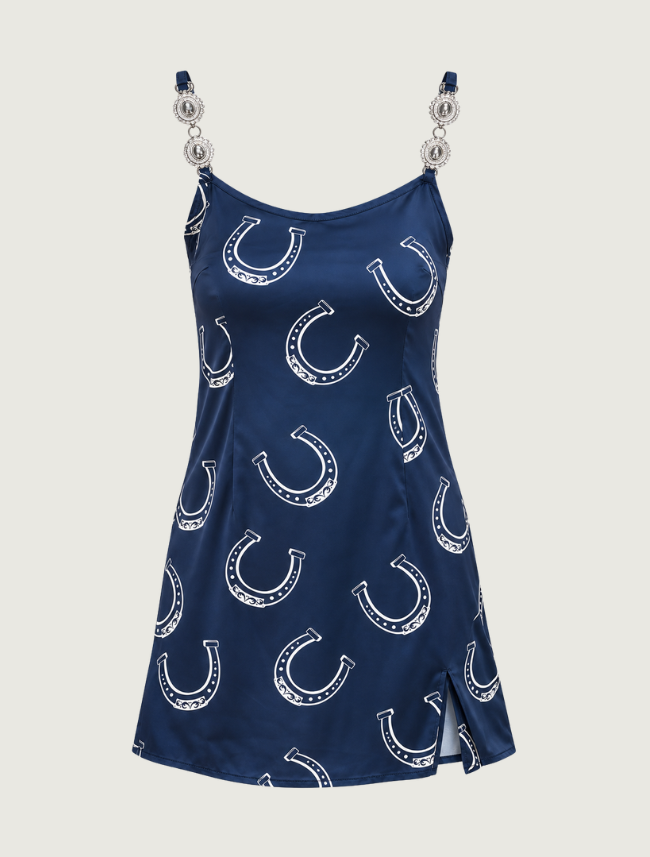 Lucky & Blessed Navy Horseshoe Print Concho Strap Mini Dress