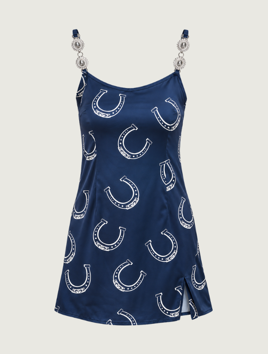 Lucky & Blessed Navy Horseshoe Print Concho Strap Mini Dress