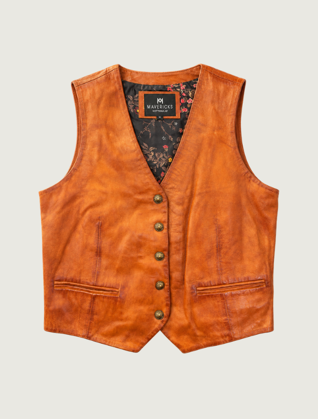 Mavericks Women's Cognac Leather Vest with Floral Lining