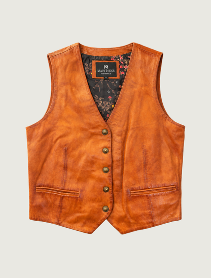 Mavericks Women's Cognac Leather Vest with Floral Lining
