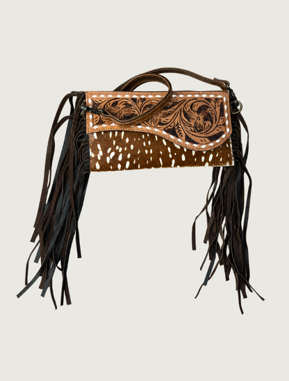 Mavericks Tooled Leather Fringe Bag with Speckled Cowhide