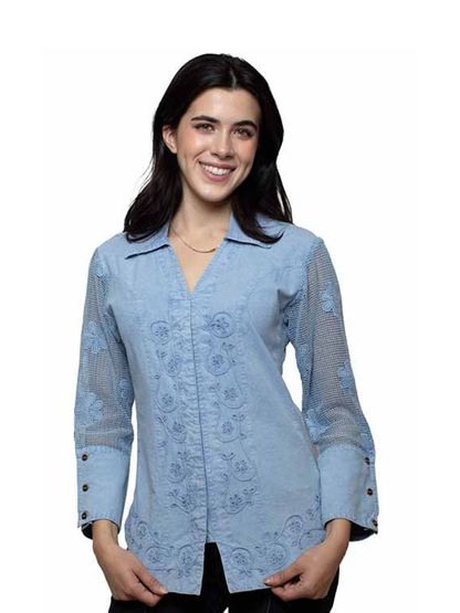 Scully Women's Embroided Blouse with Mesh Sleeves