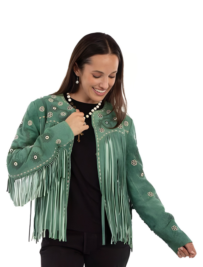 Mavericks Women's Suede Fringe Jacket with Floral Studs