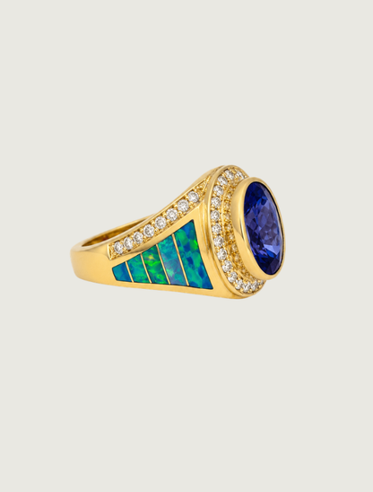 14K Yellow Gold Tanzanite, Opal, & Diamond Ring