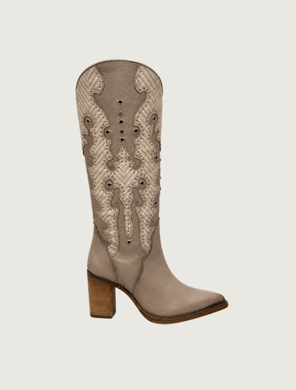 Cuadra Women's Beige Embroidery & Studs Zipper Cowboy Boots