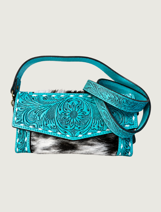 Mavericks Tooled Leather & Cowhide Convertible Crossbody Bag with Floral Medallion
