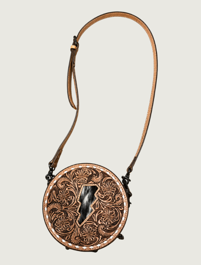 Mavericks Tooled Leather Round Crossbody with Cowhide Lightning Bolt Inlay