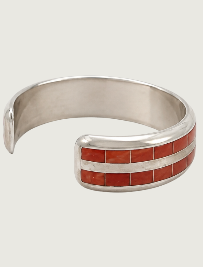 Johnny Coonsis Sterling Silver Coral Inlay Bracelet