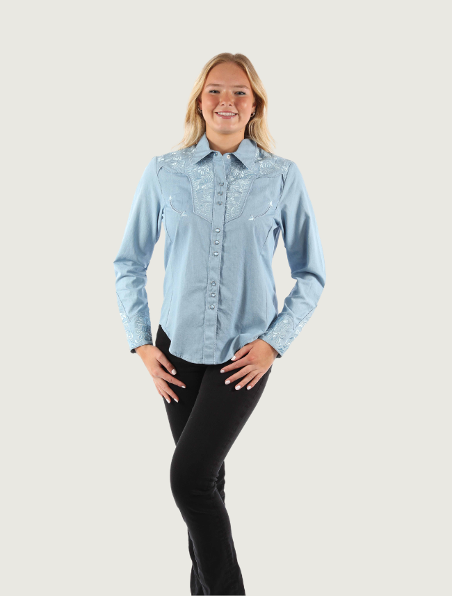 Scully light blue floral embroidered snap front shirt on model — front view