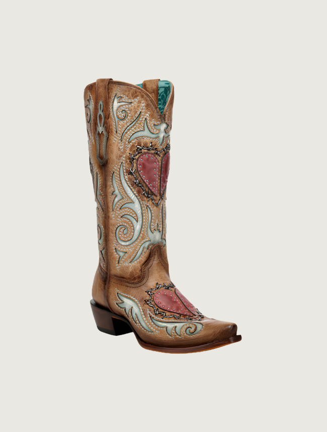 Corral Heart Inlay, Studs, & Woven Barbed Wire Cowgirl Boots