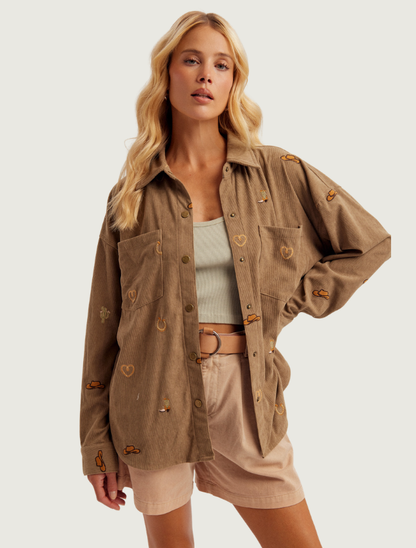 Hem & Thread Dusty Olive Embroidered Corduroy Shacket