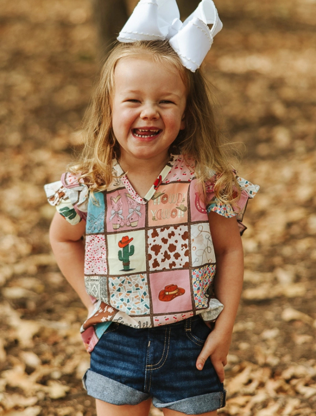 Lucky & Blessed Girls Western Patchwork Ruffle Sleeve Top