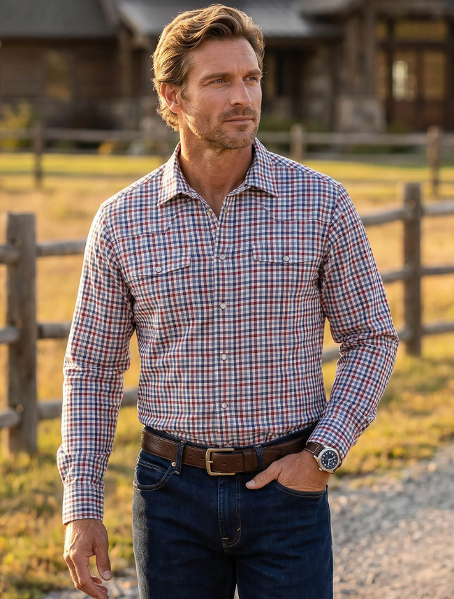Madison Creek Bisley Western Shirt in Red & Blue Check