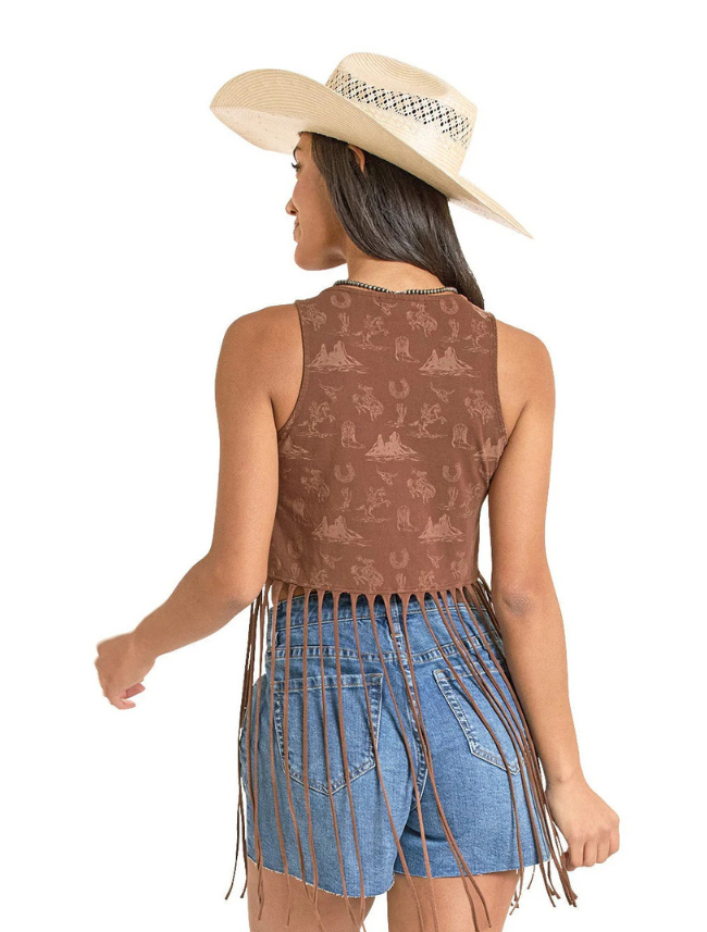 Rock & Roll Denim Conversational Print Fringe Top