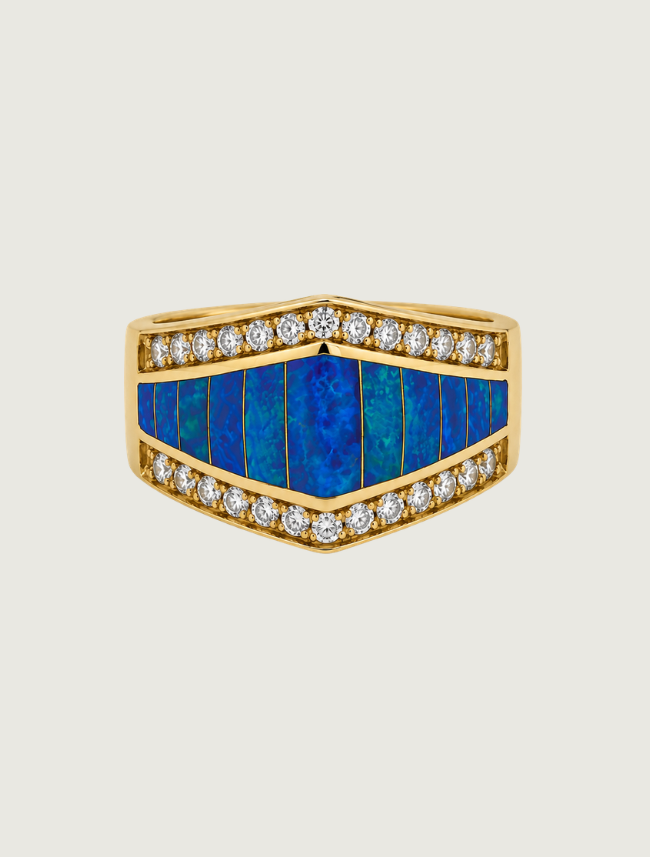 14K Yellow Gold Blue Opal & Diamond Ring