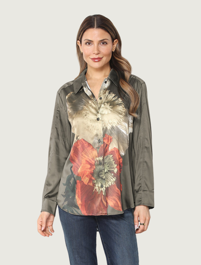Paparazzi Floral Print Satin Button-Up Shirt in Camellia