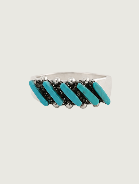 Front view of sterling silver Sleeping Beauty turquoise diagonal ring