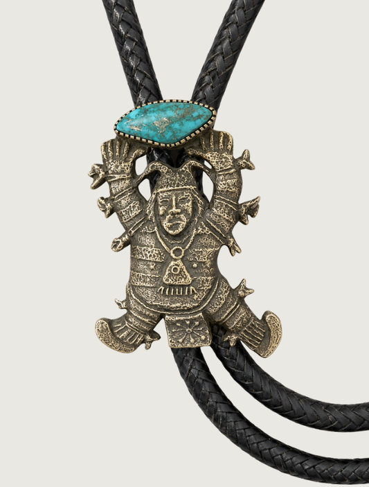 Harrison Jim sterling silver dancer figure bolo tie, full length view with braided black leather cord