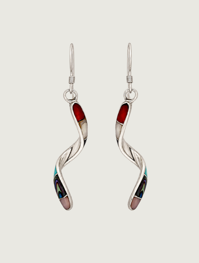Sterling silver multi-stone twisted inlay drop earrings, front view, pair