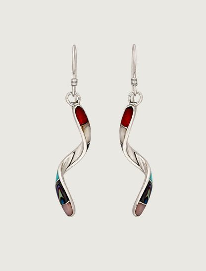 Sterling silver multi-stone twisted inlay drop earrings, front view, pair