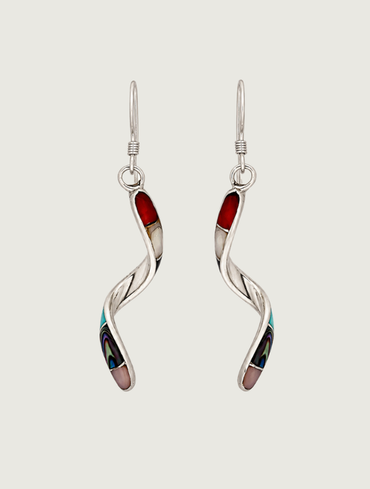 Sterling silver multi-stone twisted inlay drop earrings, front view, pair