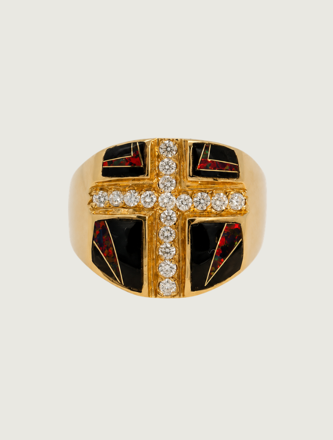 14K Yellow Gold Diamond, Black Jade, & Red Opal Ring