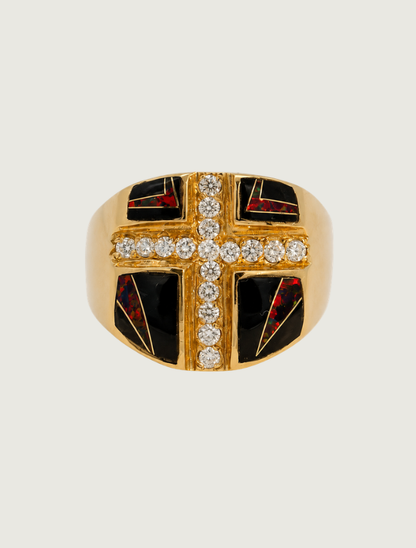 14K Yellow Gold Diamond, Black Jade, & Red Opal Ring