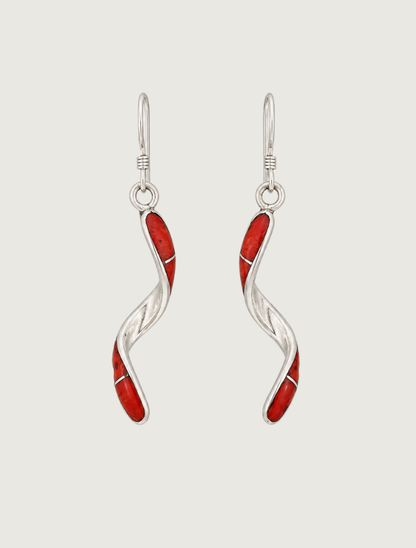 Sterling silver twisted coral inlay drop earrings, front view, pair