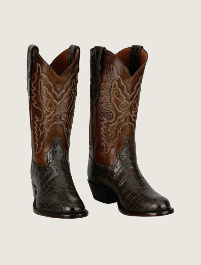 Tony Lama Cas chocolate crocodile cowboy boots — quarter view, pair