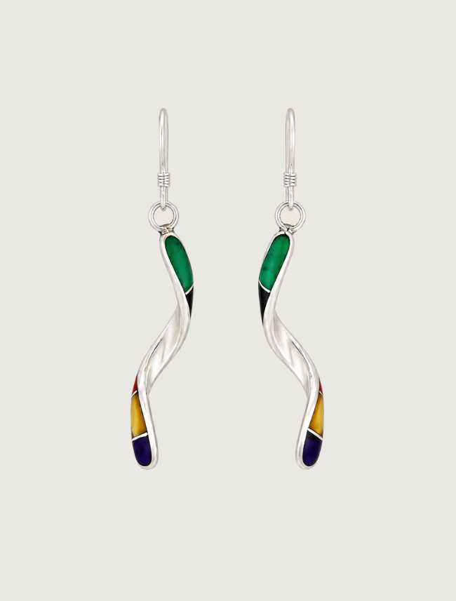 Sterling silver multi-stone twisted inlay drop earrings, front view, pair
