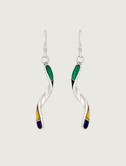Sterling silver multi-stone twisted inlay drop earrings, front view, pair