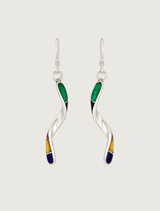 Sterling silver multi-stone twisted inlay drop earrings, front view, pair