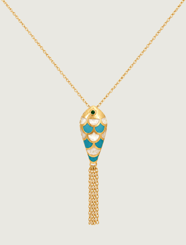 18K Yellow Gold White & Blue Enamel Fish Necklace