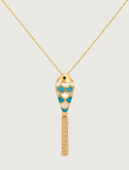 18K Yellow Gold White & Blue Enamel Fish Necklace