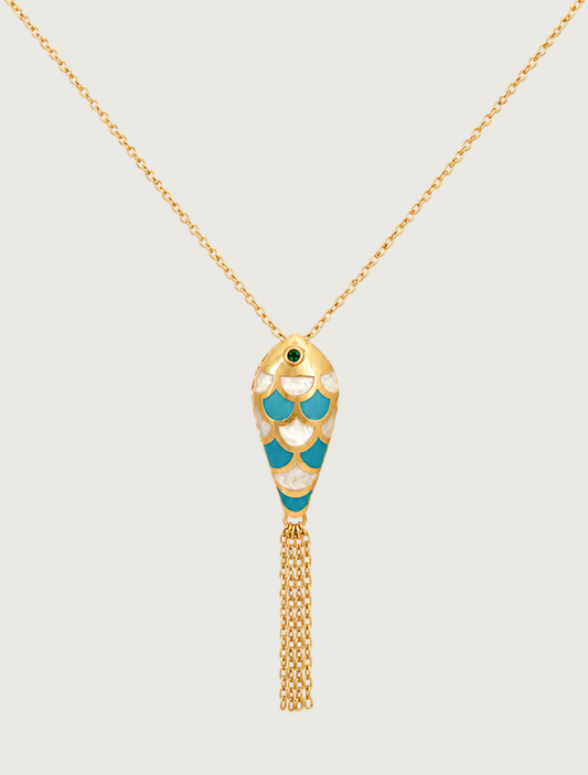 18K Yellow Gold White & Blue Enamel Fish Necklace